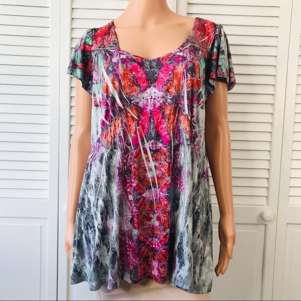 LIVE AND LET LIVE Silver Flutter V-Neck Short Sleeve Blouse Size 1X